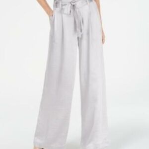 MSRP $80 Inc Satin Wide-Leg Paper Bag Tie Waist Pants Silver Size 6